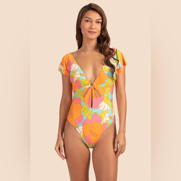 Trina Turk Playa De Flor Flutter Sleeve Maillot One Piece Swimsuit size 14 NWT - Picture 1 of 10
